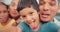 Family, selfie and funny face of children and parents together in a living room at home. face of a man, woman and young