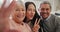 Family selfie, woman and senior parents in a living room with peace, hands and bonding. Portrait, happy family and