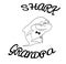 Family sharks. Grandpa shark with cane and bow tie. Cute cartoon outline of sea animals. Print for clothes or for