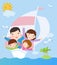 Family in ship. cartoon vector illustration