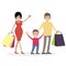 Family shopaholics. Man, woman and child with shopping bags from the store. The husband, wife and son of buyers. Character people
