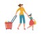 Family shopping. Mother and daughter shopper, woman with trolley and girl holding package in her hand in supermarket or