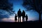 Family silhouette having a walk at night together. Generative AI Generative AI