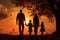 Family silhouette having a walk at sunset together. Generative AI Generative AI