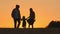 Family silhouettes loving parents man woman with little daughter small girl kid child walking going stepping moving on