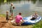 Family sits down in an inflatable boat