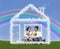 Family sitting in dream house and rainbow collage