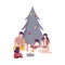 Family Sitting Under the Christmas Tree Unwrapping Gift Boxes Vector Illustration