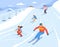 Family at ski resort. Snowboarder on snow slope, winter skiing mountain elevator, kid skier on alpine lift, holiday