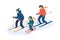 Family skiing together flat vector illustration. Happy parents and child enjoying winter sport cartoon characters