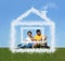 Family with son sitting cloud house on meadow