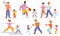 Family sport. Various families activities, adults and kids fitness training with children, boy and girl with parents