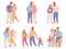 Family stages. Love couple relationship, marriage, pregnant woman, parents and newborn baby, mom, dad and kid. Family