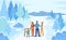 Family Stand with Skis in Forest, Winter Skiing