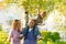 Family standing in front of homes