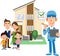 A family standing in front of a house and a man in work clothes holding a checklist