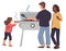 Family standing near barbecue grilling meat together vector