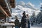 family standing outside chalet, snowy mountain in distance