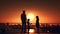 family standing on roof terrace and watch starry sky and moon and city blurred light on horizon