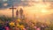 A family stands before a cross amidst a sunset floral landscape.