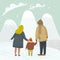 The family stands on a snowy lawn and looks at the mountains.