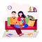 Family stay home and read book or fairytale son. Mother and Father is sitting on sofa with boy and reading. Parents and