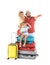 Family with suitcases on white background