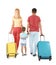 Family with suitcases on white background.