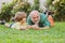 Family summer and active holidays. Cute child boy hugging his grandfather. Happy senior man Grandfather with cute little