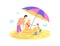 Family summer beach vacation at sea. Mom, dad and baby. Holidays at sea. Build sand castles. Vector flat illustration.