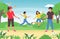 Family summer time activity games with children. Happy active kids jumping over skipping rope