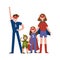 Family of superheroes cartoon characters, parents with their kids in costumes of superheroes having fun vector