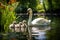 family of swans with babiess swiming in a pond, ai generated