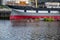 A family of Swans pass by the sailing ship Glenlee at the Riverside Museum in Glasgow, Scotland