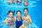 Family swim in pool underwater, mother and children have fun in water,