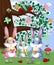 A family of three bunnies in a forest glade. Mom, dad, baby. Spring, postcard