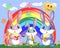 A family of three bunnies in the meadow near the rainbow. Mom, dad, baby. Spring, postcard