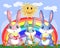 A family of three bunnies in the meadow near the rainbow. Mom, dad, baby. Spring, postcard