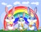 A family of three bunnies in the meadow near the rainbow. Mom, dad, baby. Spring, postcard