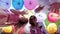 Family of three, mom, dad, and daughter, take selfie, against background of hanging multi-colored decorative umbrellas