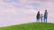 A family of three people - father, mother and daughter 6 years old, stand on top of a green hill. Looking forward to the