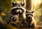 Family of three raccoons in a forest. Created with Generative AI