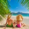 Family with three year old boy on beach. Seychelles, Mahe