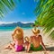 Family with three year old boy on beach. Seychelles, Mahe