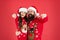 Family time. family holiday party. santa kid and bearded dad red background. they love xmas. spend christmas time