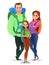 Family tourist backpacker. Backpack on his back. Cheerful person. Standing pose. Cartoon comic style flat design. Single