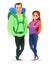 Family tourist backpacker. Backpack on his back. Cheerful person. Standing pose. Cartoon comic style flat design. Single