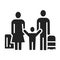 Family travel black glyph icon. Father mother and kid with luggage at the airport. Pictogram for web page, mobile app, promo. UI