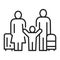 Family travel black line icon. Father mother and kid with luggage at the airport. Pictogram for web page, mobile app, promo. UI UX
