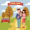 Family travel, characters Dad mom and daughter, country bus for travel, cartoon style, autumn